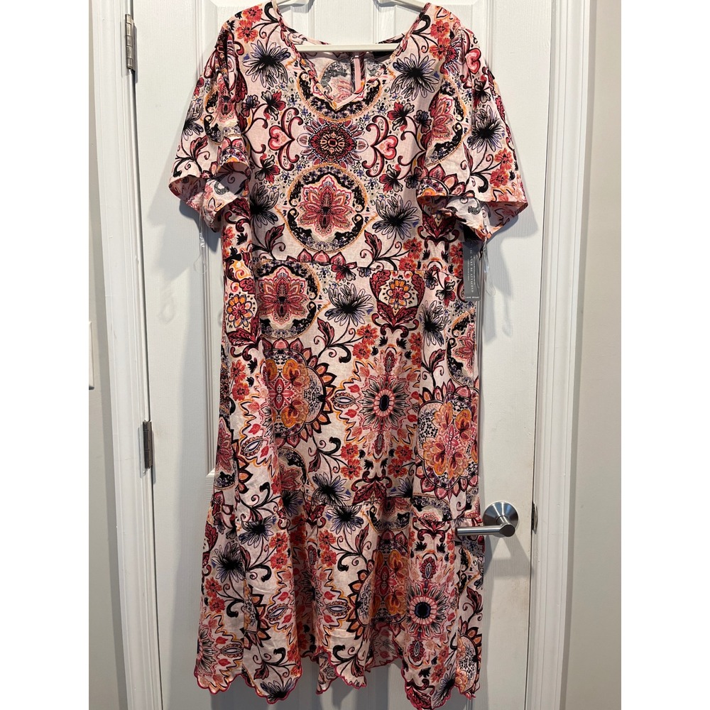 Lane Bryant Pink Orange Paisley Linen Blend Scallop Hem Midi Dress Plus Size 22